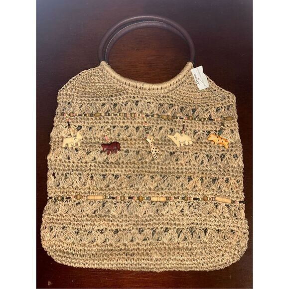 NWT St. John’s bay straw Rafia bag with wooden handles and animals - Picture 1 of 5